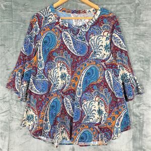 Womens Top Medium Boho Hippie‎ Retro Paisley Floral Peasant Stretch Festival